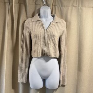 William Rast Womens Small‎ Cardigan Sweater Ribbed Knit Zip Up Collared Beige